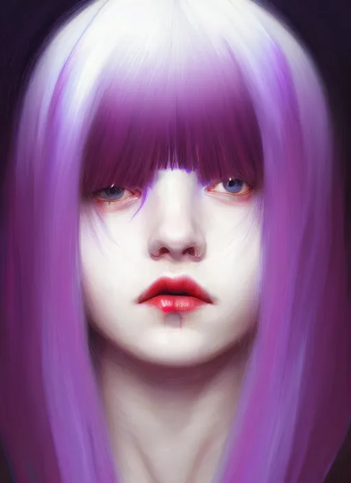 Image similar to hair whitebangs hair, black hair, whitebangs, portrait of teenage girl with white bangs, red irises, purple clothes, white bangs, bangs are different color from hair, intricate, elegant, glowing lights, highly detailed, digital painting, artstation, concept art, smooth, sharp focus, illustration, art by wlop, mars ravelo and greg rutkowski