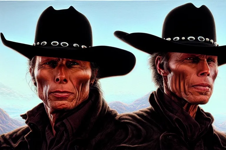 Image similar to poster portrait of peter weller as a black hat cowboy in pale rider ( 1 9 8 5 ). oil painting elegant, highly detailed, centered, digital painting, artstation, concept art, smooth, sharp focus, illustration, artgerm, tomasz alen kopera, peter mohrbacher, donato giancola, joseph christian leyendecker drew struzan