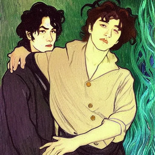 Image similar to painting of young cute handsome beautiful dark medium wavy hair man in his 2 0 s named shadow taehyung and cute handsome beautiful min - jun together at the halloween! party, bubbling cauldron!, candles!, smoke, autumn! colors, elegant, wearing suits!, clothes!, delicate facial features, art by alphonse mucha, vincent van gogh, egon schiele