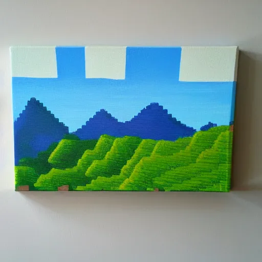 Image similar to minecraft landscape, painting, acrylic