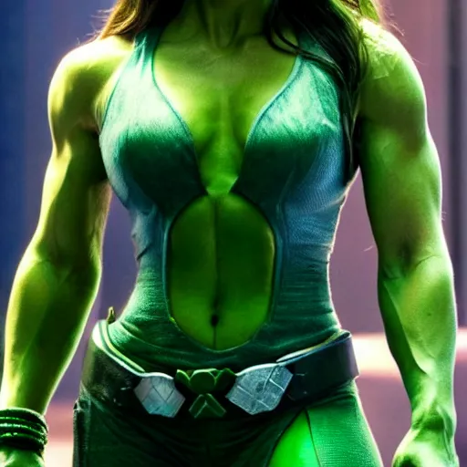 Image similar to jessica biel as green skinned hulk, gamora, she - hulk, green skin, muscular, bodybuilding woman, wheyfu, movie still