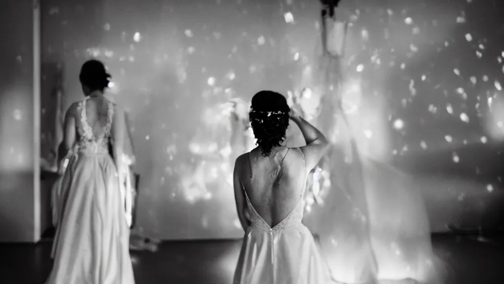 Image similar to a back view of a bride in a wedding dress looking at a dancing stage with bokeh light effect in the background