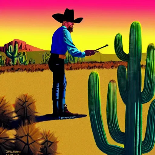 Prompt: digital illustration cowboy on the range, beautiful New Mexico sunset, cactus, Art Deco, dark deco, vibrant colors, vivid color, animated series, by Eric Radomski