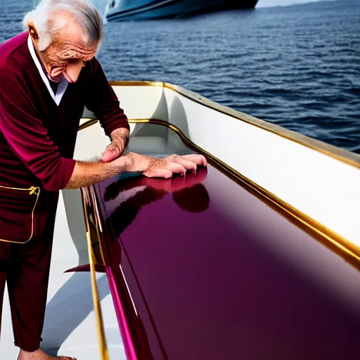 Image similar to wrinkled hunchbacked old man in musty burgundy suit, polishing painting the side of a huge gold plated mega yacht with a cloth, maintenance photo