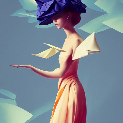 Prompt: 3 / 4 view of a beautiful girl wearing an origami dress, eye - level medium shot, elegant, by eiko ishioka, by peter mohrbacher, centered, fresh colors, origami, fashion, detailed illustration, vogue, high depth of field, japanese, reallusion character creator