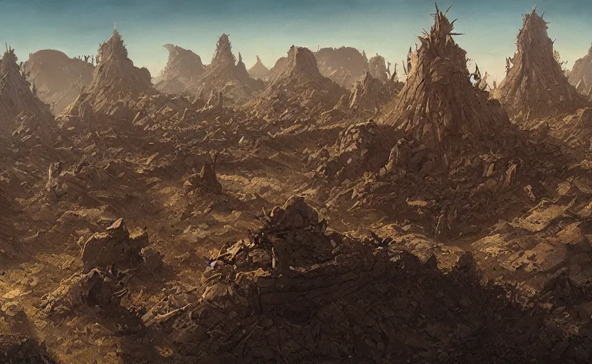 Image similar to flat wastelands, isolated rock spikes, greg rutkowski, brom, james gurney, mignola, craig mullins, alan lee, gustave mucha