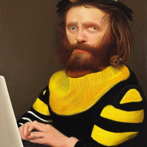 Image similar to tired man in a bumblebee costume drinks coffee in front of a laptop, highly detailed, masterpiece, realist, oil on canvas