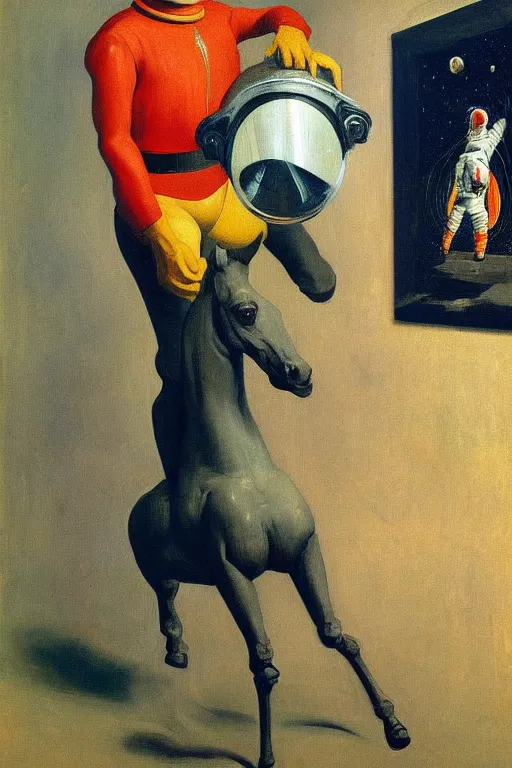 Prompt: a small man with a horse's head sits astride a man in an astronaut costume, hauntingly surreal, highly detailed painting by francis bacon, edward hopper, adrian ghenie, gerhard richter, and james jean soft light 4 k,