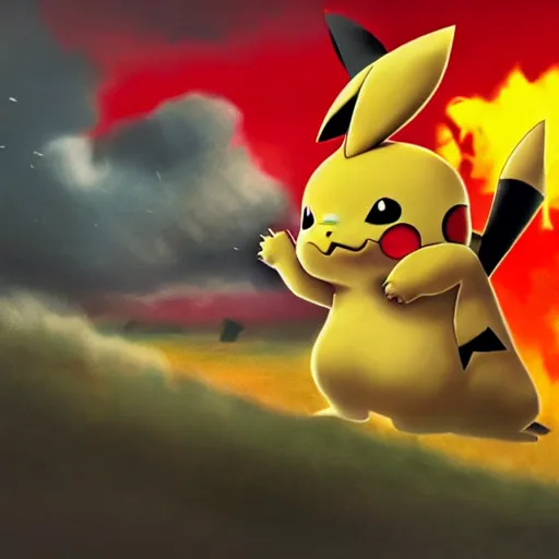 Image similar to ! pikachu! fighting stalin in ww 2 uniform and a mustache, fighting in world war 2, photorealistic, high detail, realistic, sharp focus, smooth edges, soldiers in the background, dramatic, sky on fire with dogfights in the sky. wide angle