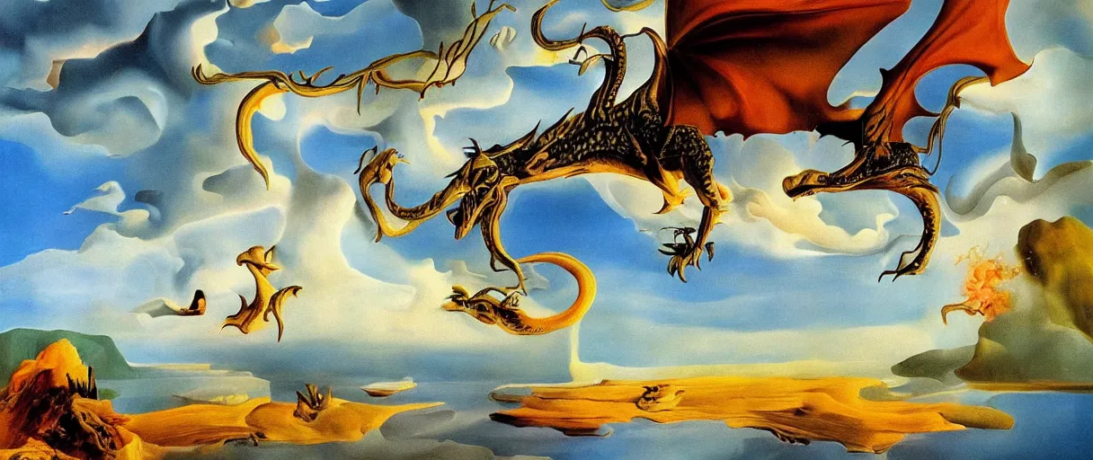 Prompt: a dream, flying bird, dragon, time, trees, flower, lake, fire, cloud, wind, cliff, surreal, by salvador dali