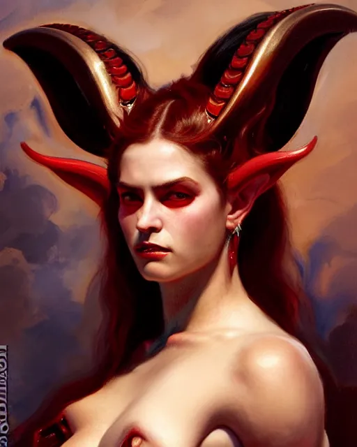 Image similar to painted close - up portrait of an attractive red - skinned intimidating demon girl with ram horns. oil painting, wearing a noblewoman's outfit, fantasy art by greg rutkowski and john singer sargent and gaston bussiere, demon noble character design