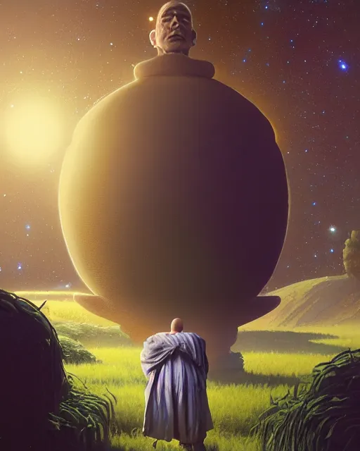 Prompt: highly detailed surreal vfx portrait of a futuristic monk in a rural farm with planets in background, stephen bliss, unreal engine, greg rutkowski, loish, rhads, beeple, makoto shinkai and lois van baarle, ilya kuvshinov, rossdraws, tom bagshaw, alphonse mucha, global illumination, detailed and intricate environment