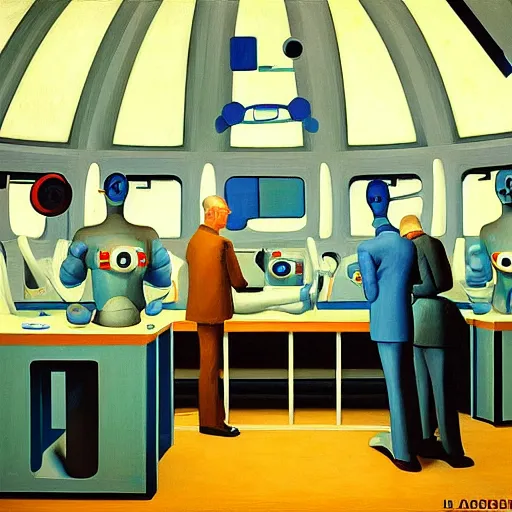 Prompt: robotic scientists in a dome - shaped control center, blue, teal, gray, black, grant wood, pj crook, edward hopper, oil on canvas