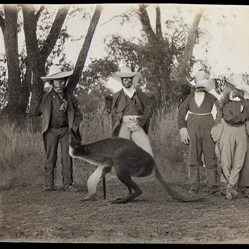 Prompt: kangaroo and wallabies wearing cowboy costumes, small town, 1 8 6 0 s, photo