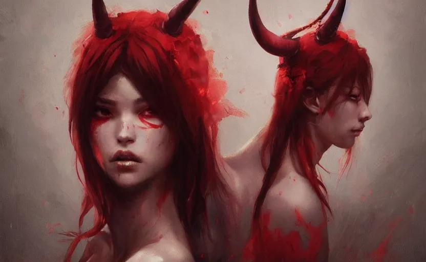 Image similar to a painting of aki trending on artstation in the style of greg rutkowski, beautiful, sensual, natural skin, red horns on head, long black hair