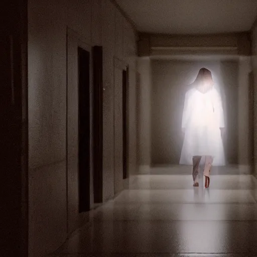 Prompt: Live Action Still of a woman in white is walking hallway at night, real life, hyperrealistic, ultra realistic, realistic, highly detailed, epic, HD quality, 8k resolution, body and headshot, film still