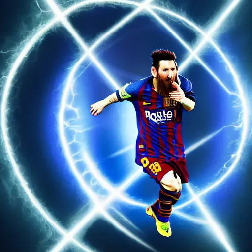 Image similar to lionel messi running extremely fast engulfed in blue lightning vortex, 8 k