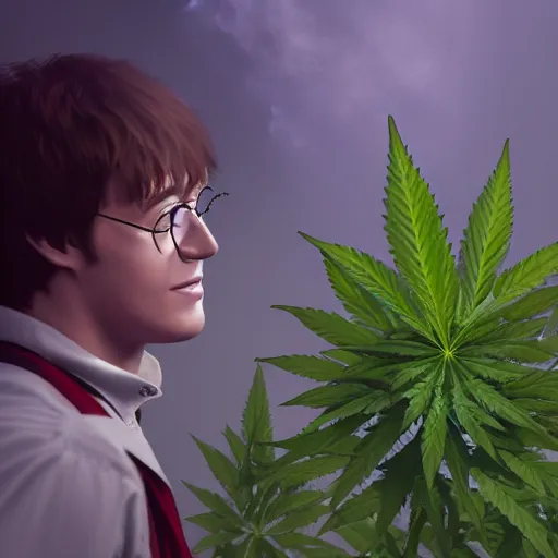 Image similar to harry potter smoking weed and surrounded by green dense weed kush plants, smoke in front, smoke behind, smoke background, red eyes, smoking weed,, hyper detailed, digital art, trending in artstation, cinematic lighting, studio quality, smooth render, unreal engine 5 rendered, octane rendered,