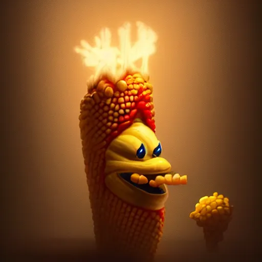 Image similar to Anthropomorphic corn cob is a video game developer working late into the night on his greatest game ever, hyperrealistic, artstation, 8k, concept art, very detailed, hd, digital painting, dramatic lighting