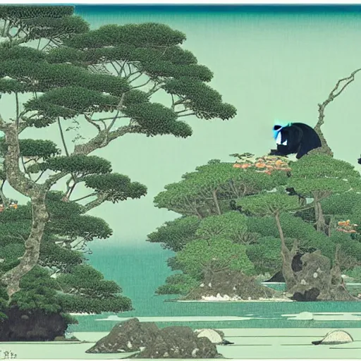 Prompt: a beautiful landscape with tropical islands and pandas on it, Kawase, Hasui