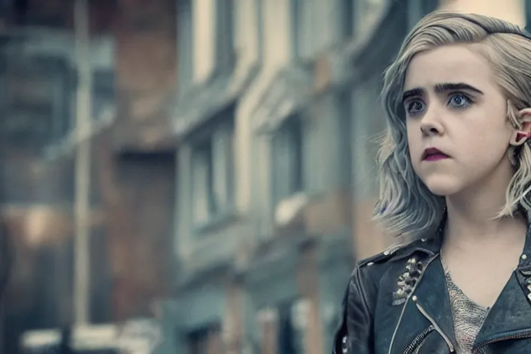 Image similar to promotional image of kiernan shipka as a british punk rocker in a new movie, blue dyed hair, leather clothes, heavy makeup, detailed face, movie still frame, promotional image, imax 70 mm footage