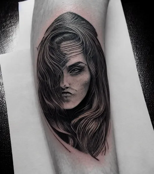 Image similar to amazing blend effect on a beautiful woman face and mighty mountains, tattoo design sketch, hyper - realistic, in the style of matteo pasqualin, amazing detail, black and white