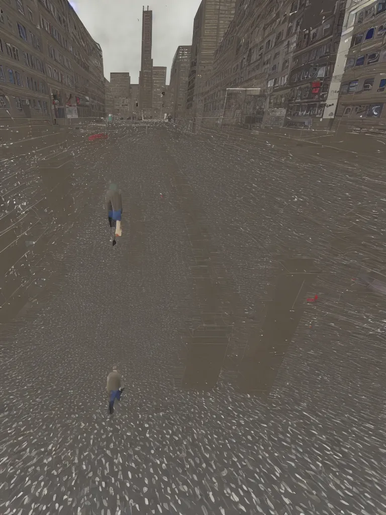 Image similar to PS1 game, man walking in city third person, static white noise glitching in the sky