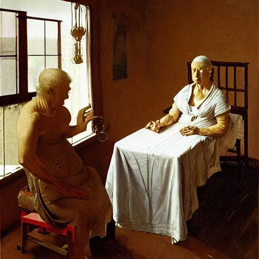 Prompt: built physique elderly cyborg weeping desperate grandma trying to figure out how to order an online pizza sitting in her small room glaring at her lenovo thinkpad laptop t 4 1 0 8 gb ram norman rockwell rembrandt vermeer giotto jamie wyeth greg rutkowski winslow homer thomas eakins lucian freud edward hopper j. m. w. turner oil painting anachronistic realism