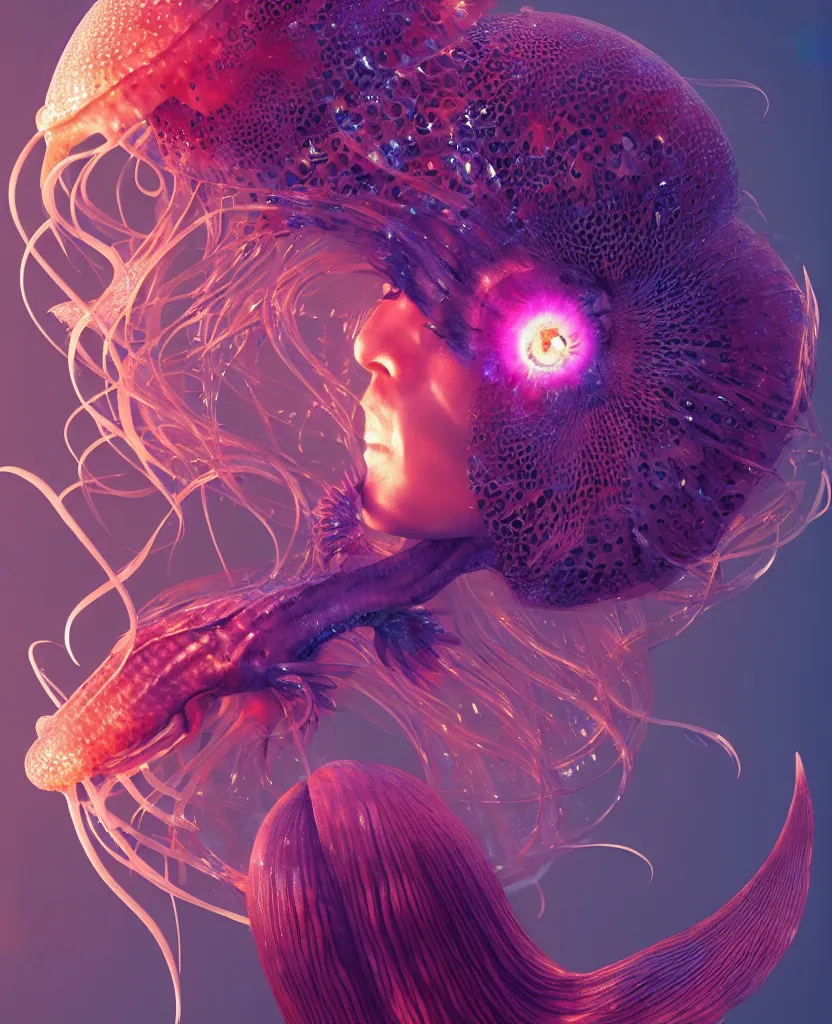 Image similar to goddess close-up portrait ribcagel. jellyfish phoenix head, nautilus, orchid, skull, betta fish, bioluminiscent creatures, intricate artwork by Tooth Wu and wlop and beeple. octane render, trending on artstation, greg rutkowski very coherent symmetrical artwork. cinematic, hyper realism, high detail, octane render, 8k