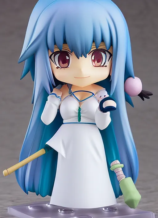 Image similar to nendoroid anime beautiful female witch, very long blue hair, detailed green eyes, pretty symmetrical face, fullbody, white robes blue skirt, anime, nendoroid,