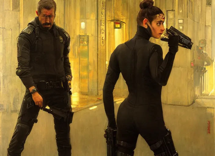 Image similar to sophia evades sgt Griggs. Cyberpunk hacker wearing jumpsuit escaping police troopers (blade runner 2049). Iranian orientalist portrait by john william waterhouse and Edwin Longsden Long and Theodore Ralli and Nasreddine Dinet, oil on canvas. Cinematic, hyper realism, realistic proportions, dramatic lighting, high detail 4k