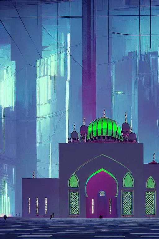 Prompt: painting of a mosque, cyberpunk style