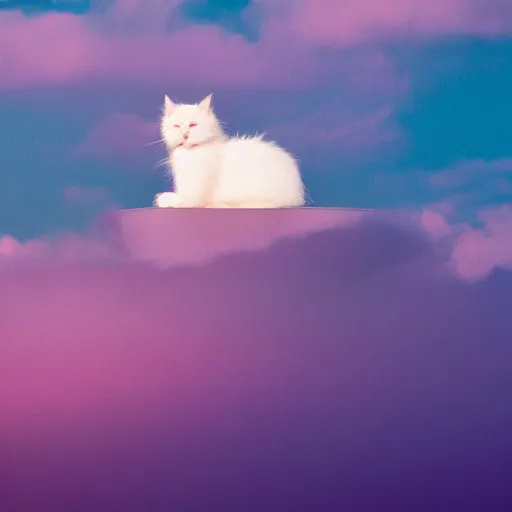 Image similar to a white fluffy cat sitting on a light purple cloud, pastel pink sky, beautiful lighting, magical