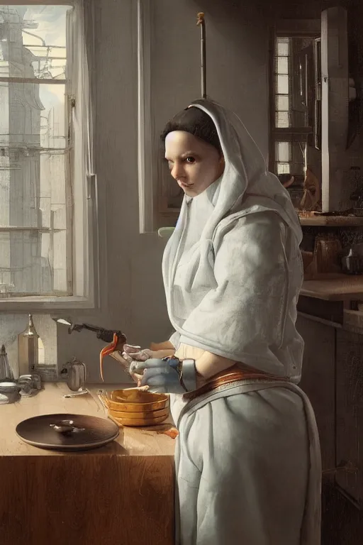 Prompt: a beautiful ultradetailed painting of kitchen maid, neohuman ， sci - fi, cyberpunk, futuristic, raphael lacoste, andres rios, jan urschel, jan vermeer, trending on artstation, detailed wood carving.