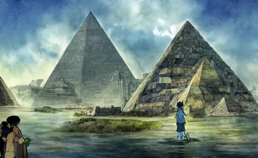 Prompt: a realistic and atmospheric cell - shaded watercolor concept art from howl's moving castle ( 2 0 0 4 ) of a sci - fi city and an egyptian pyramid complex in a flooded rainforest. very dull muted colors, hd, 4 k, hq