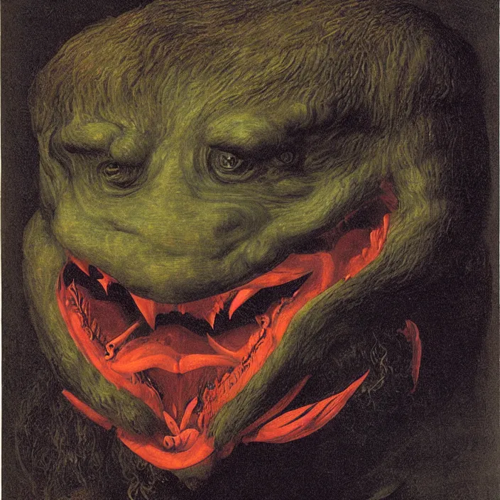 Image similar to close up portrait of a mutant monster creature with anglerfish facial features, bioluminescent nose by jan van eyck, audubon