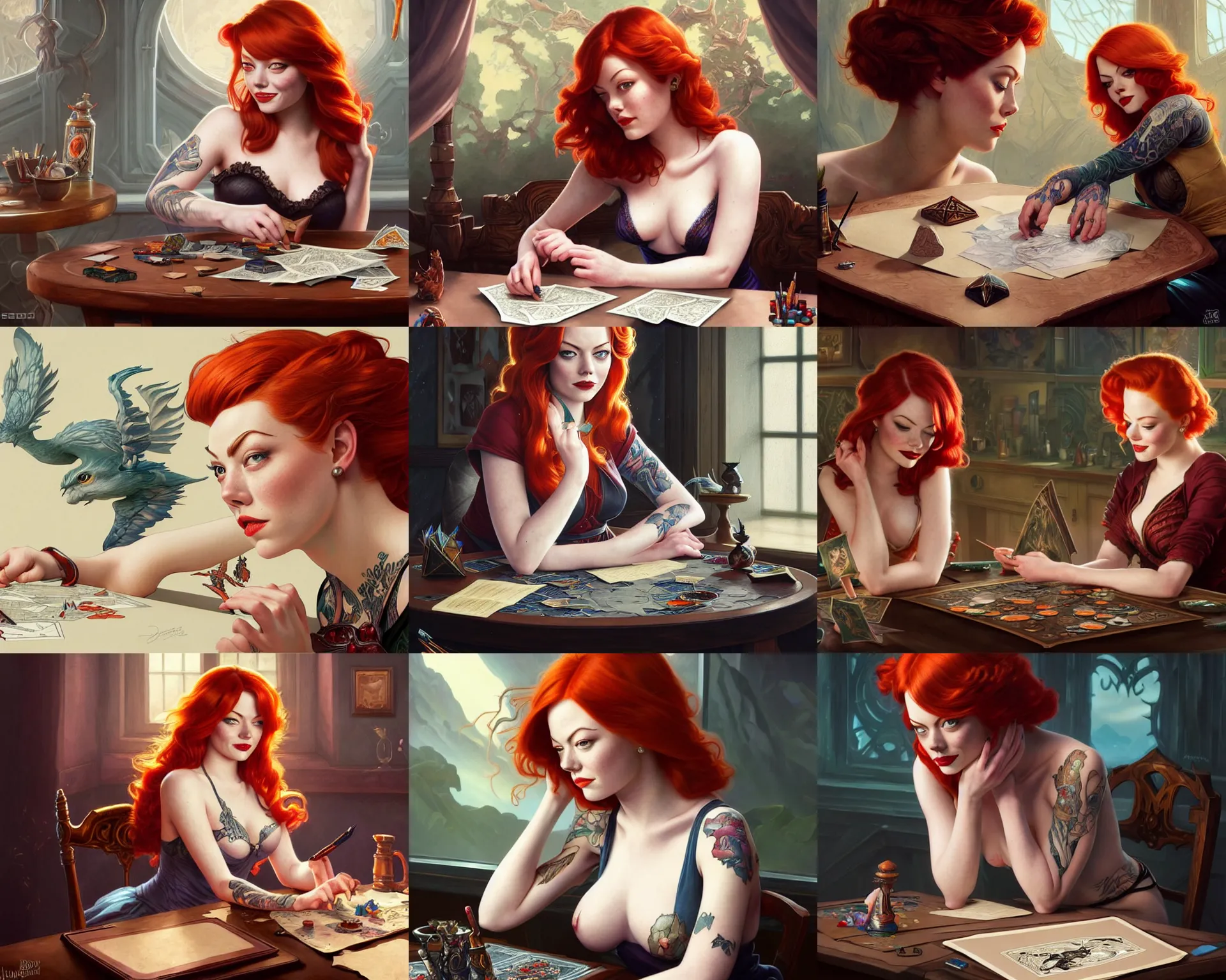 Prompt: redheaded tattooed pinup emma stone sitting at table playing dnd, deep focus, d & d, fantasy, intricate, elegant, highly detailed, digital painting, artstation, concept art, matte, sharp focus, illustration, hearthstone, art by artgerm and greg rutkowski and alphonse mucha.