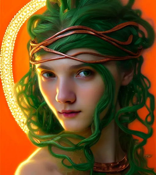 Image similar to portrait of teenage medusa, snake hair, naughty smile, wearing an embroidered orange tunic, intricate, sensual, sultry, elegant, copper and emerald jewelry, glowing lights, seductive, highly detailed, digital painting, artstation, concept art, smooth, sharp focus, illustration, art by wlop, mucha, artgerm, and greg rutkowski