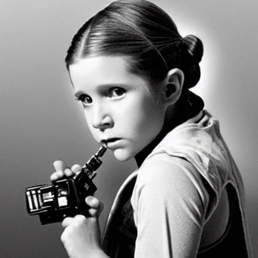 Image similar to film still of carrie fisher as a kid in new star wars movie, dramatic lighting, highly detailed face, kodak film, wide angle shot,