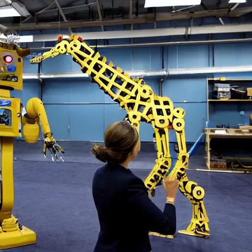 Image similar to robot giraffe being worked on by scientists joe biden