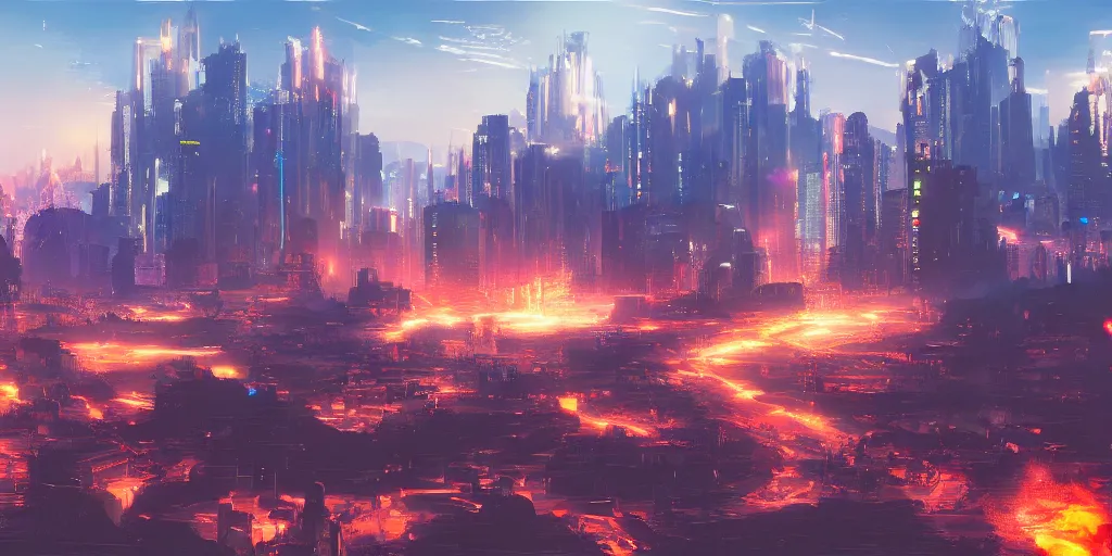 Image similar to ”cyberpunk city on fire with mountains in the background and galaxiws in the sky, digital painting, highly detailed”