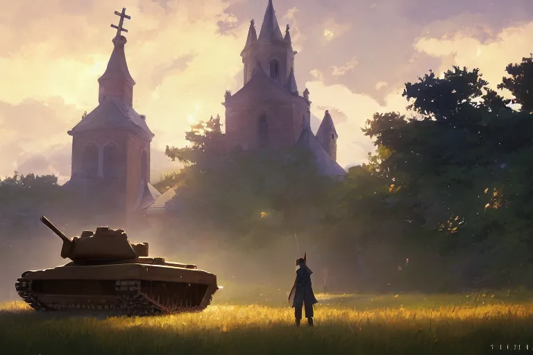 Prompt: a tank with a church as tower, scene in an open field. key visual, conceptart, ambient lighting, highly detailed, digital painting, artstation, concept art, sharp focus, by makoto shinkai and akihiko yoshida and greg manchess