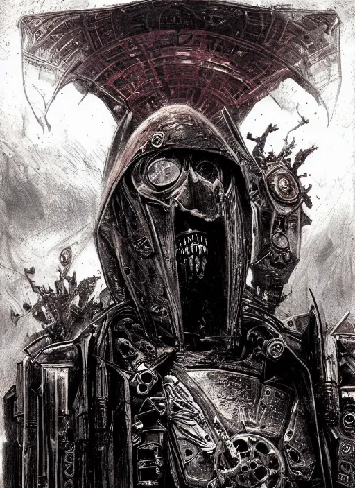 Image similar to portrait of rotten Nicolas Cage as adeptus mechanicus in red hood and robe from Warhammer 40000. Highly detailed, artstation, illustration by and John Blanche and zdislav beksinski and wayne barlowe