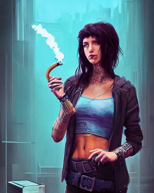 Prompt: portrait of a brunette cyberpunk hippie smoking a tobacco pipe | highly detailed | very intricate | symmetrical | professional model | cinematic lighting | award - winning | painted by mandy jurgens | pan futurism, dystopian, bold colors, cyberpunk, anime aesthestic | featured on artstation