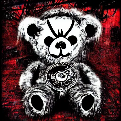 Prompt: black metal mixed with cyberpunk art of a teddy bear