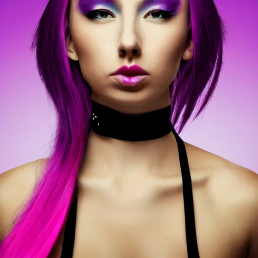 Image similar to a award winning action upper body portrait of a beautiful woman with a ombre purple pink hairstyle with head in motion and hair flying, choker, outrun, vaporware, vivid colors, highly detailed, fine detail, intricate