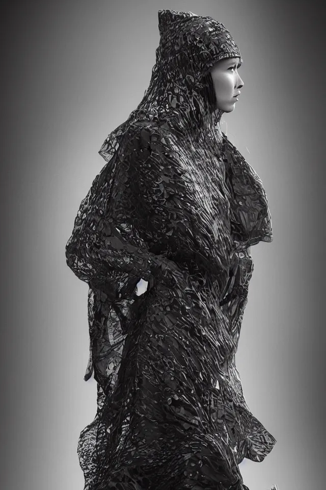 Image similar to realistic render, digital fashion, beautiful woman in tactical poncho designed by alexander mcqueen and acronym, rim light, high key, ultra detailed, hyperdetailed, dark backdrop, trending on artstation