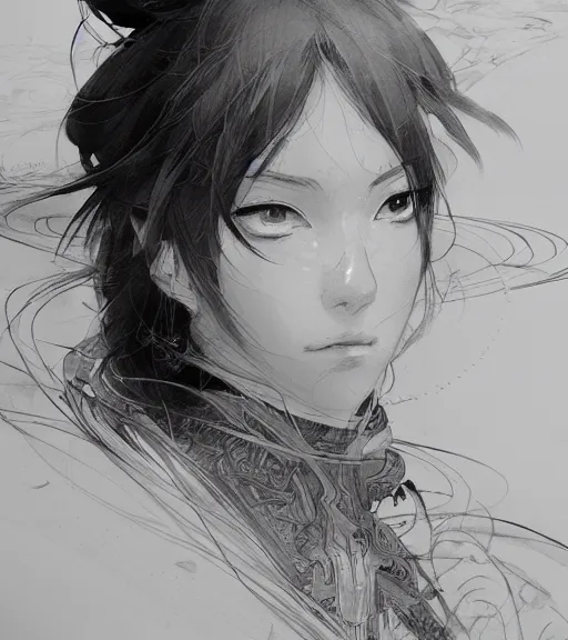 Image similar to portrait of anime woman, pen and ink, intricate line drawings, by craig mullins, ruan jia, kentaro miura, greg rutkowski, loundraw