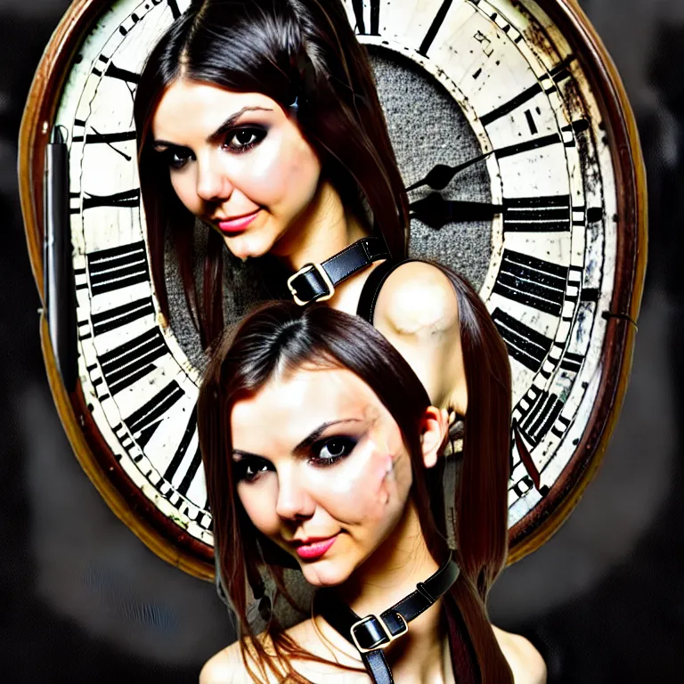 Prompt: bemused to be locked in a leather neck restraint Victoria Justice in a full frame zoom up of her face and neck looking upwards in a room of old ticking clocks, 16K resolution, complex artistic color ink pen sketch illustration, full detail, gentle shadowing, fully immersive reflections and particle effects, concept art by Artgerm, art by Range Murata, art by Studio Ghibli