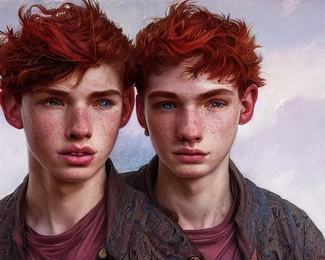 Image similar to portrait of 1 9 - year - old male twins with red hair and freckles, two male, wearing shirts, hyper realistic face, beautiful eyes, fantasy art, in the style of greg rutkowski, intricate, alphonse mucha, hyper detailed, smooth